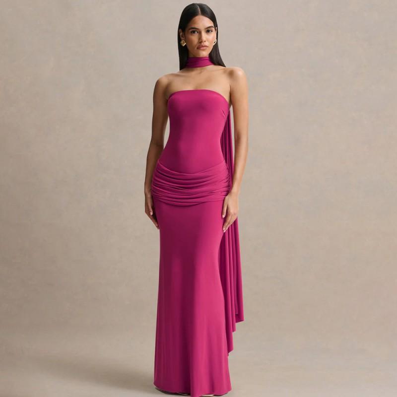 2026 Womens Elegant Solid Color Halter Neck Pleated Bodycon Dress Party Date Wear