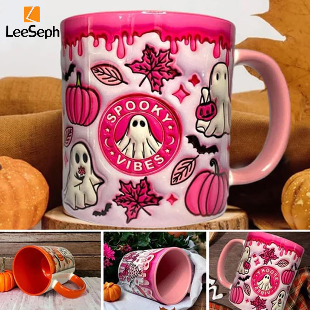 Leeseph 3D Effect Halloween Mug, Trick or Treat Halloween Pumpkin Ghost Ceramic Coffee Mug, Coffee Lover Halloween Decor Gift