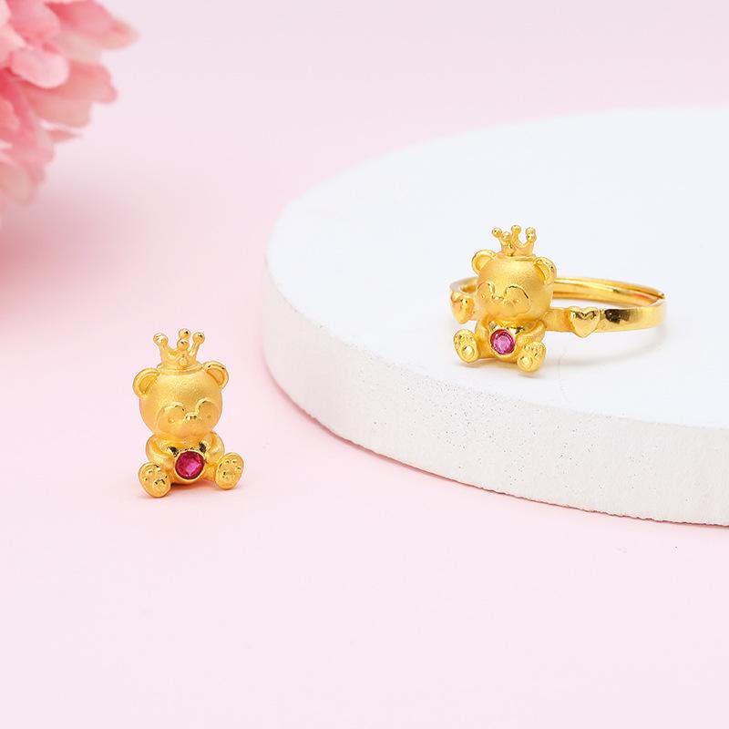Gold-Plated Crystal Teddy Bear Pendant Necklace & Open Crown Ring Set for Women