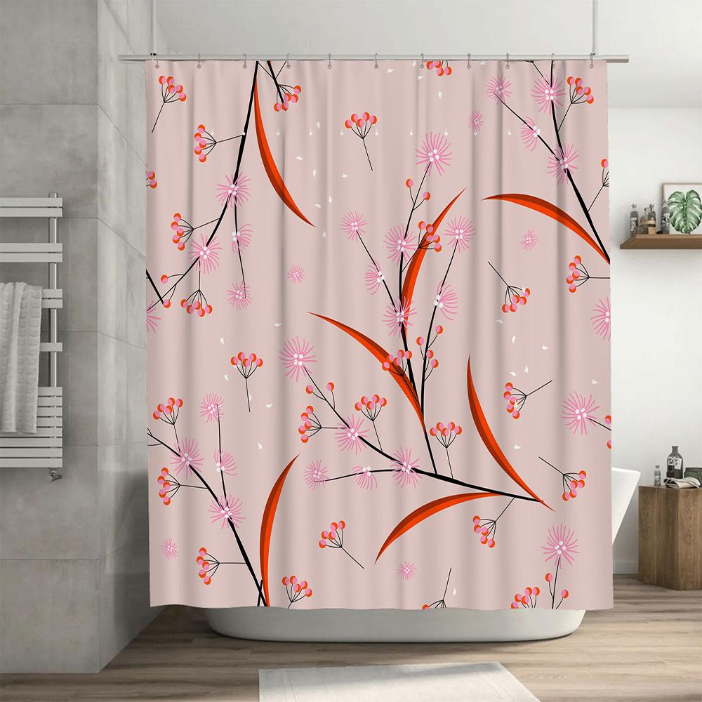 Modern Decorative Shower Curtains with Pink Flowers and Cherry Blossoms Print High-Quality Polyester Fabric Waterproof Bath Mat