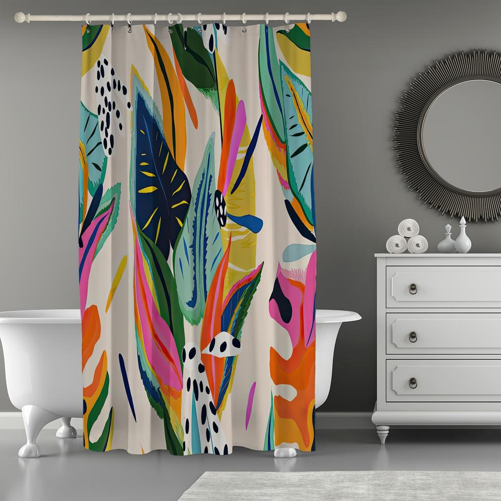 [Vibrant Shower Curtain] Vibrant Ywjhui Tropical Leaf Print Shower Curtain, Machine Washable Polyester, Colorful Retro Design