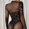 Sexy Damen-Body mit Spitzenstickerei, Rundhalsausschnitt, transparent, lange Ärmel, modisches, leichtes und atmungsaktives Dessous-Top zum Drunterziehen