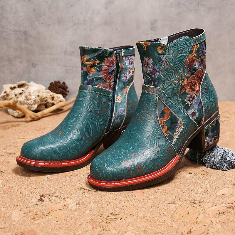 

Johnature Retro с принтом из натуральной кожи этнические женские короткие сапоги с круглым носком ручной работы на каблуках
