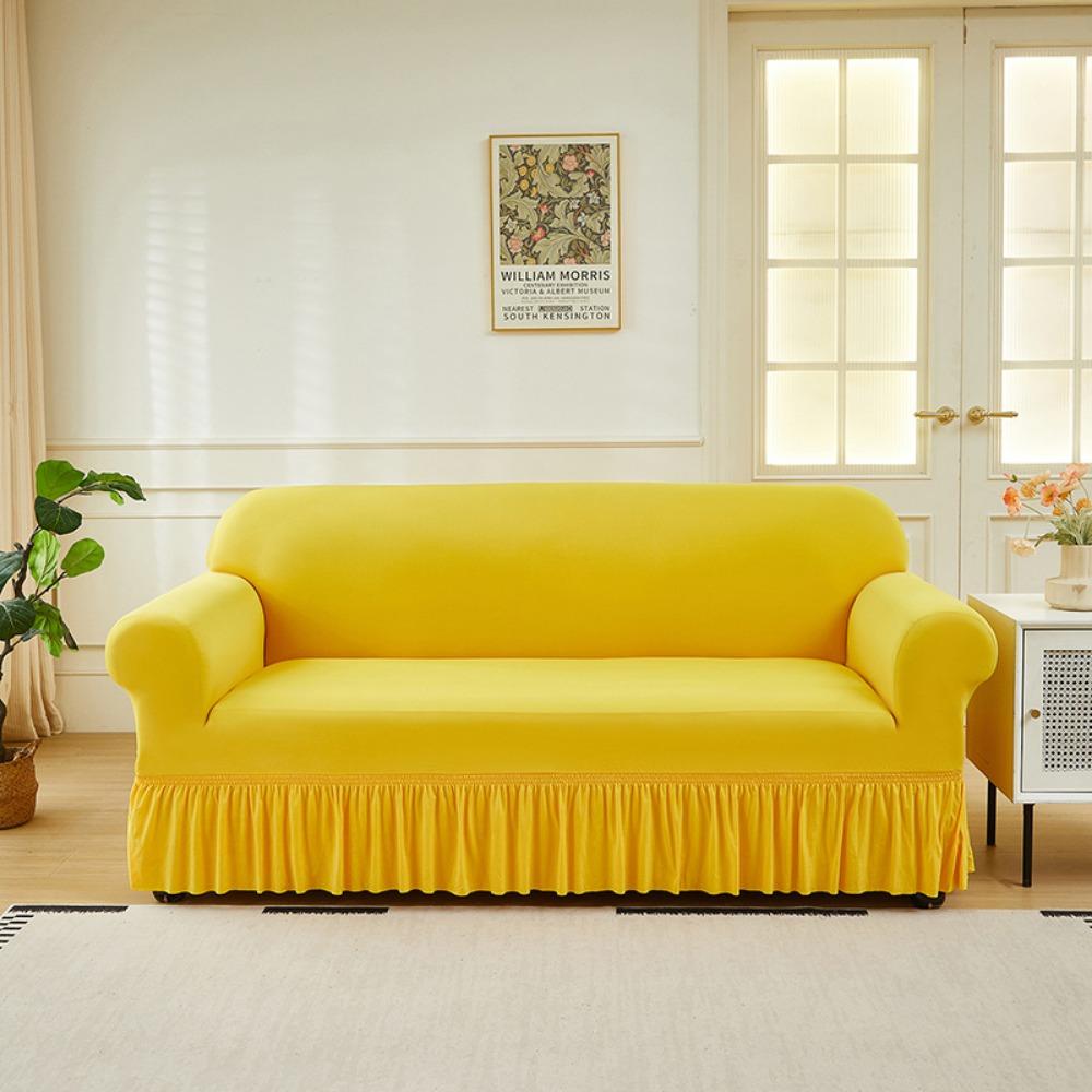 Elastic Solid Color Sofa Cover Full Protection Slip Resistant Minimalist Skirted Design