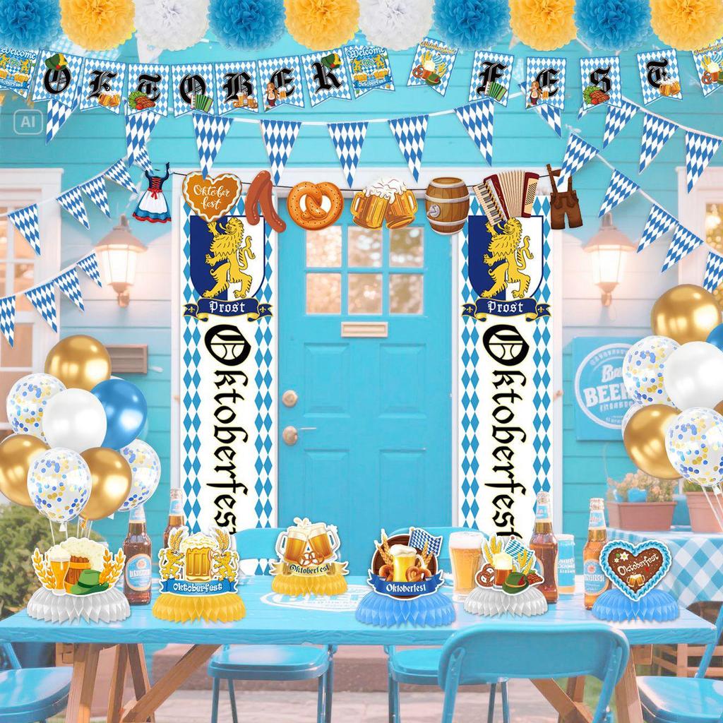 Oktoberfest Party Supplies: Beer Festival Banners, Balloons, Cake Toppers, and Flags.