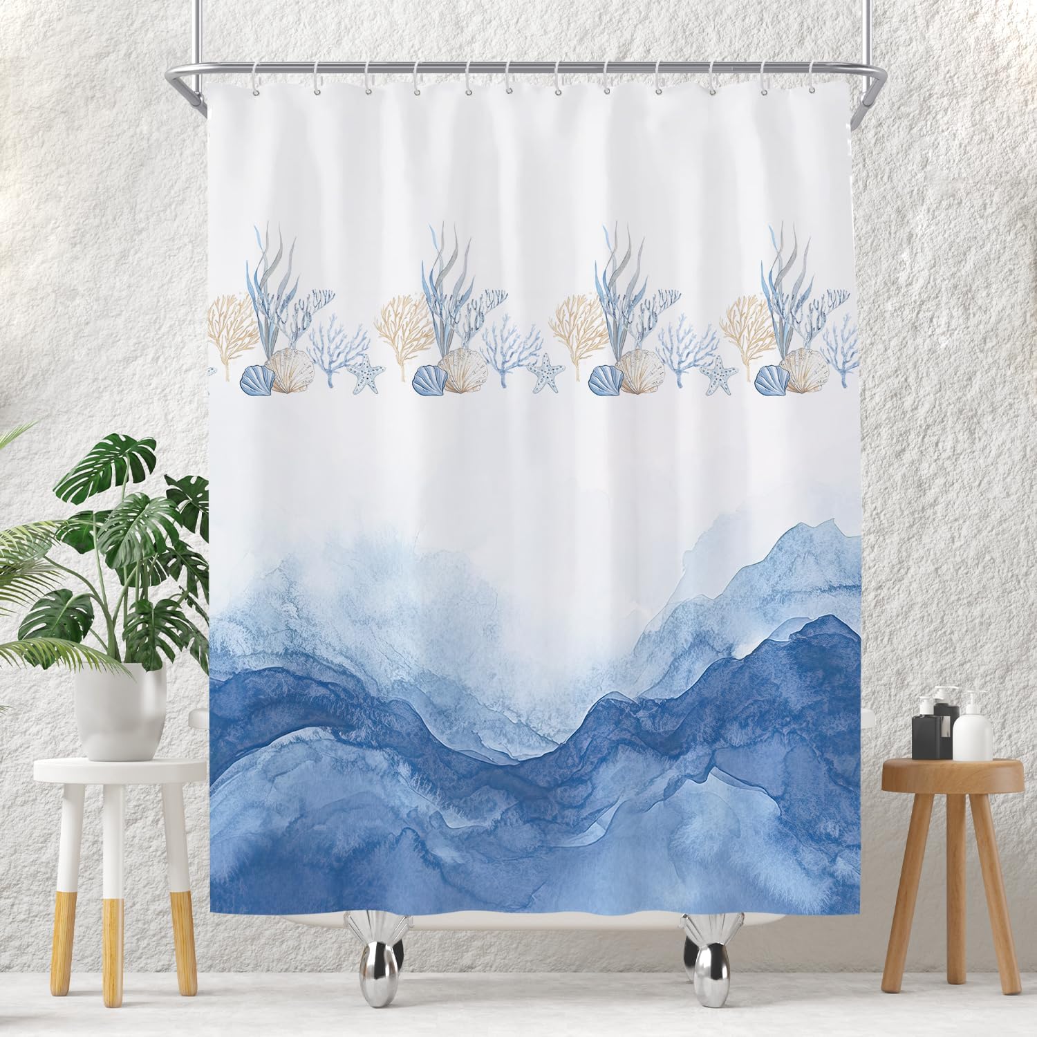 Blue Ocean Waves Coral Seashell Shower Curtain 70X72 Inches Watercolor Coastal Bathroom Decor With Starfish Design W60H190(CM)-1 Pcs