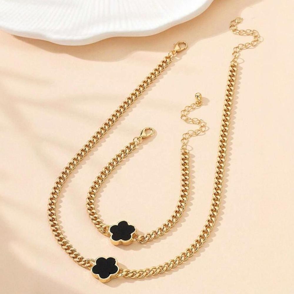 Five-petal Flower Bracelet Necklace Set for Women Lucky Five-leaf Clover Earring Necklace Girl Party Accessories Gifts