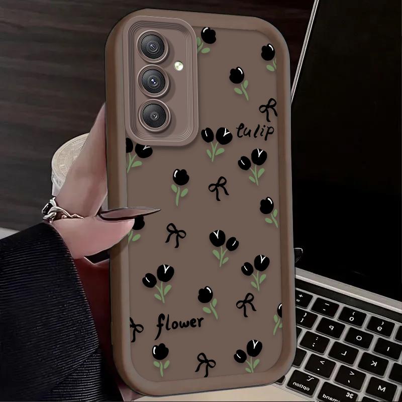 Black Flower Phone Case For Samsung Galaxy S25 S24 S23 Plus S22 S21 Ultra 24 FE Plus A15 A35 A54 A55 5G Shockproof Soft Cover