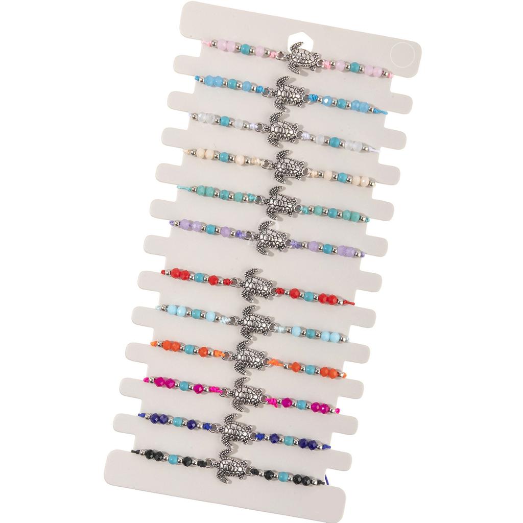Pack of 12 Handmade Turtle Theme Adjustable Braided Bracelets with Alloy Turquoise Crystal Wood Beads for Women and Men