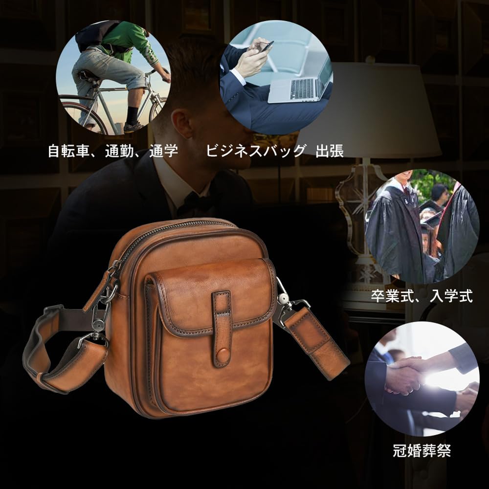 Whatna Antique-Style Tanned Natural Cowhide Leather Crossbody Bag for Men, One-Shoulder Chest Bag with Thick Leather Shoulder Strap for Commuting,