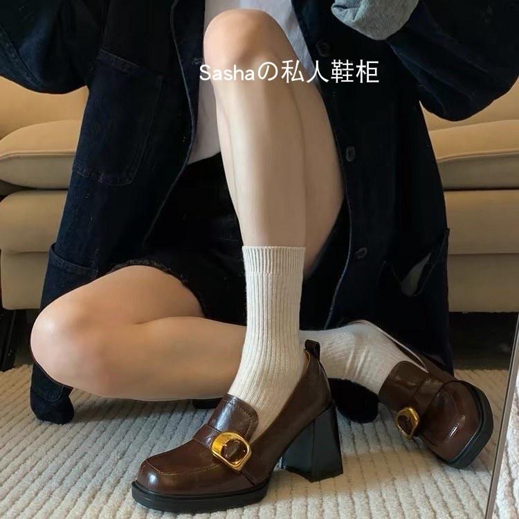 Retro British style one-pedal loafers square head high-heeled small leather shoes women's shoes thick-heeled single shoes Mary Jane women's shoes