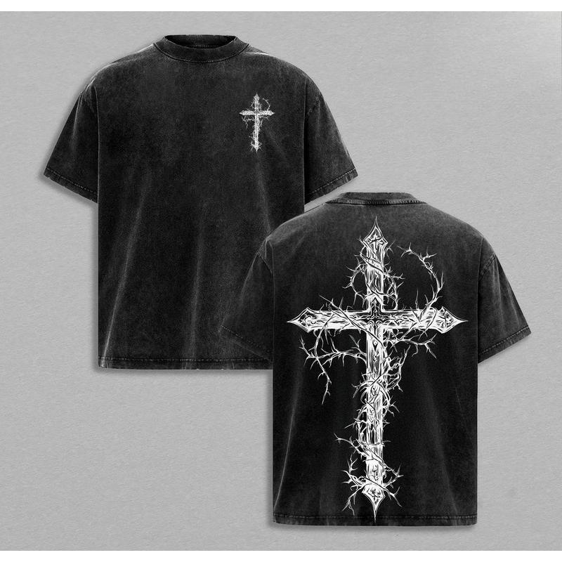 Thorn Cross Gothic Cross T-shirt Washed Bible Cross Art T-shirt Jesus T-shirt,