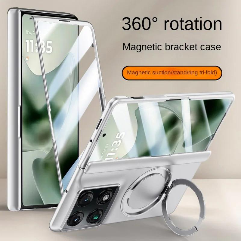 Magnetic Metal Holder With Tempered Glass Film Full Protection Case For Motorola Razr Fold Moto Fold Spring Hinge Folded Cover