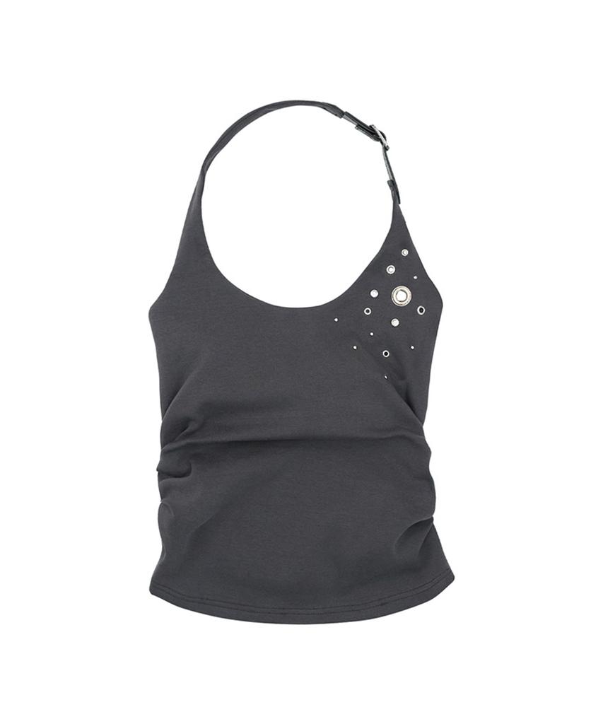 NO EXTRA TOUCH Eyelet Belted Halterneck Shirred Top (Charcoal) / 26Spsl001Ch