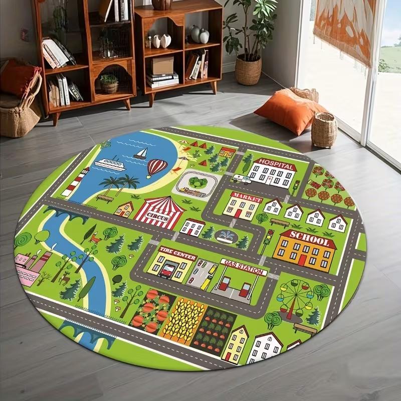 City Street Map Print Round Area Rug Traffic Roads Educational Kids Play Carpet Soft Non-Slip Activity Mat for Playroom