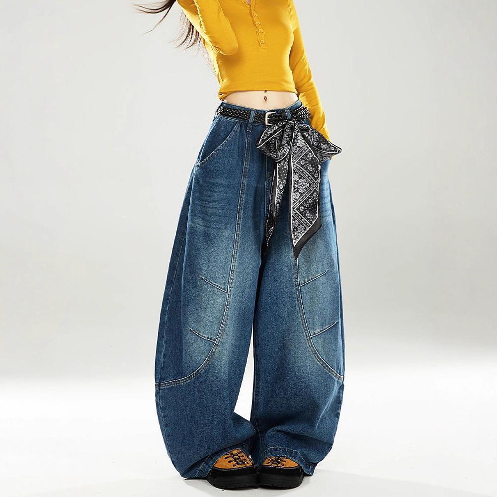 American High Street Style Women s Loose Fit Washed Jeans - Spicy Girl Design, Floor-Length Saber Shape. 3XL