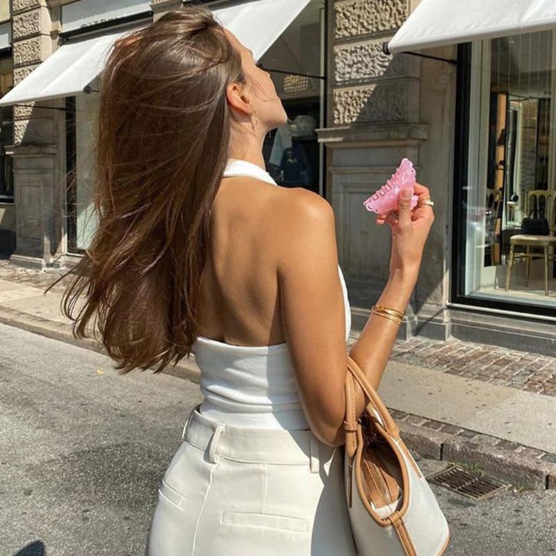 Ladies Streetwear Sleeveless Rib Knit Vest's Encrypted White Halter Sexy Halter Top