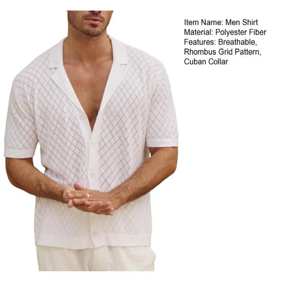 Herren-Jacquard-Strickhemd, kurzärmelig, Button-Down-Oberteil mit kubanischem Kragen, Rautengittermuster, Freizeithemd für den Alltag, Partys, Reisen