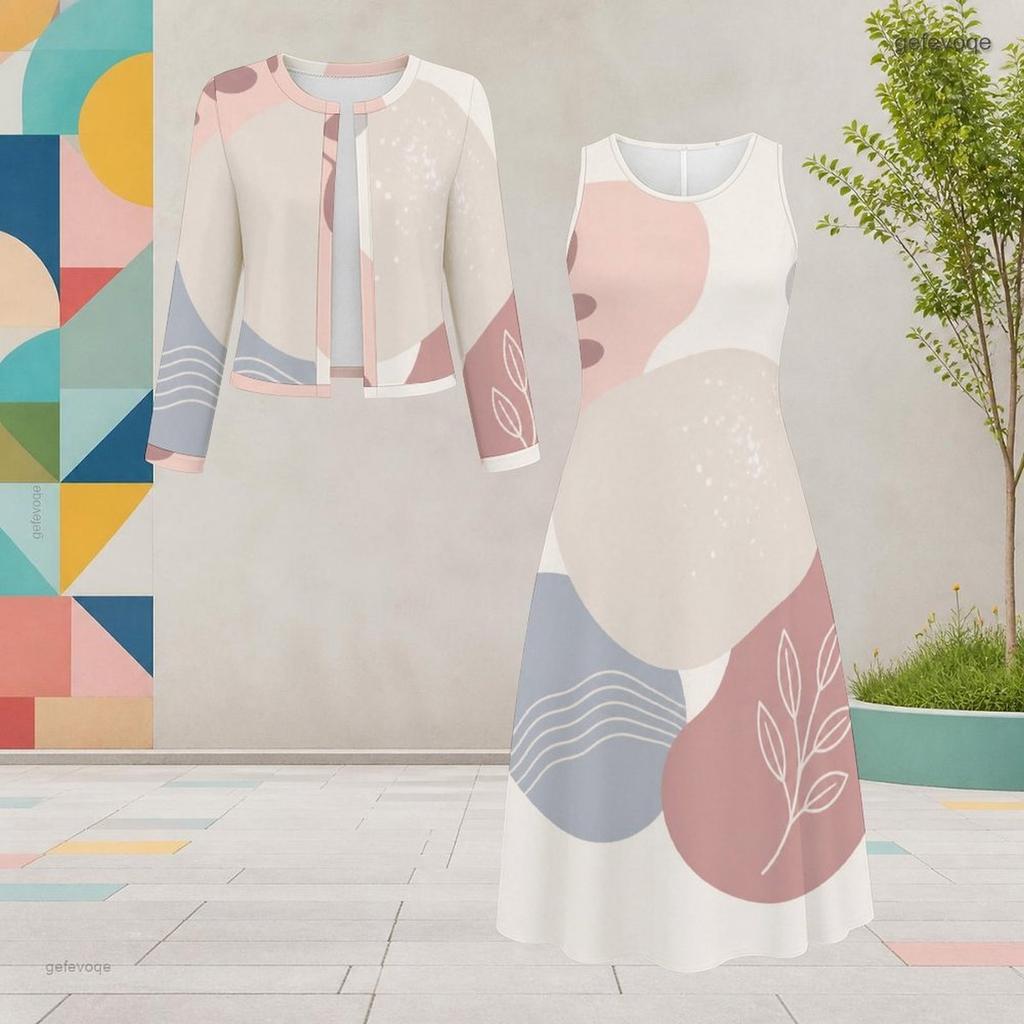 Women Plus Size Two Piece Dress Set Round Neck Long Sleeve Printed Cropped Cardigan Sleeveless Midi Dress