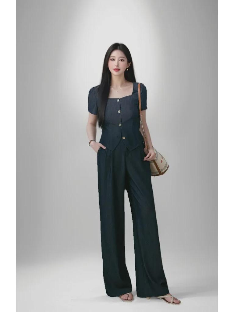 [In Stock] Plus Size Women's Retro Denim-Look Top & Wide-Leg Pants Summer Slimming Set 6160