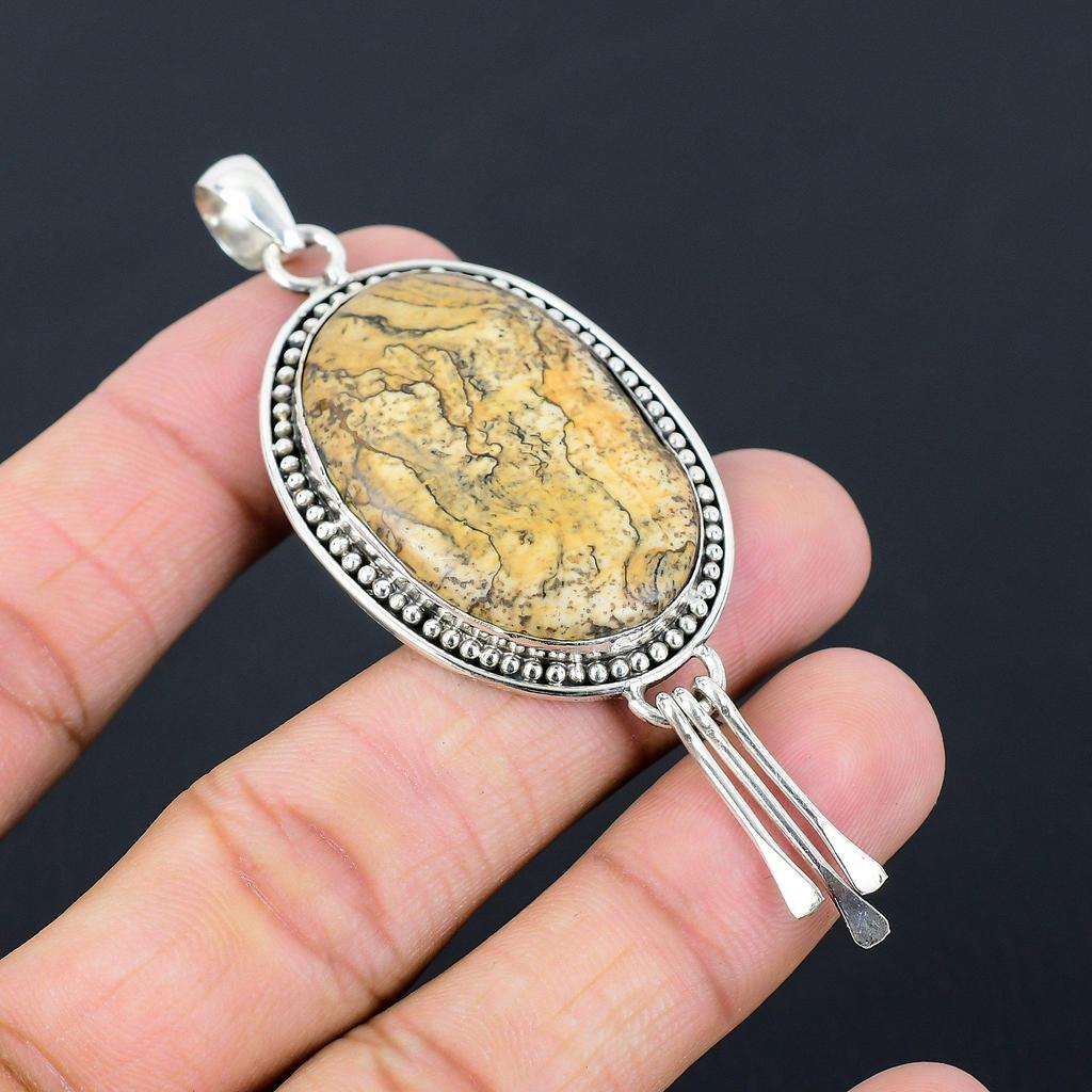 Oval Picture Jasper Gemstone Art Deco Sister Pendant Jewelry 925 Sterling Silver