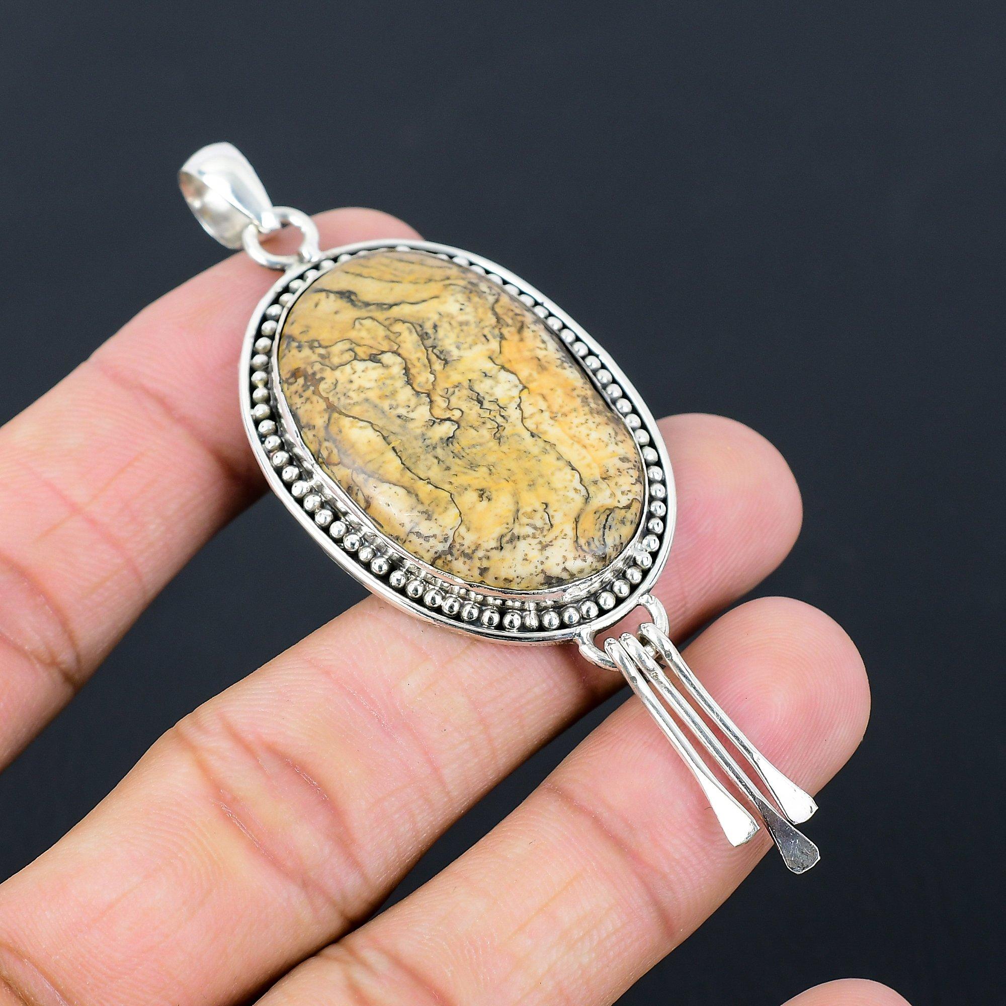 

Oval Picture Jasper Gemstone Art Deco Sister Pendant Jewelry 925 Sterling Silver