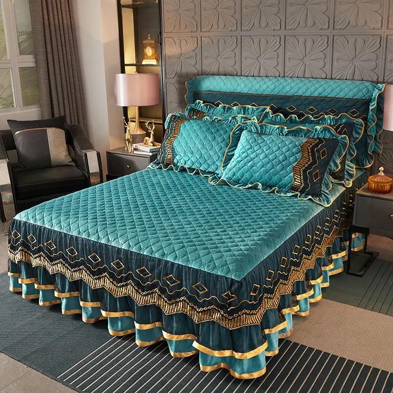 Luxury Winter Crystal Velvet Thicken Quilted Bedspread King Queen Size Flannel Bed Skirt Not Including Pillowcase