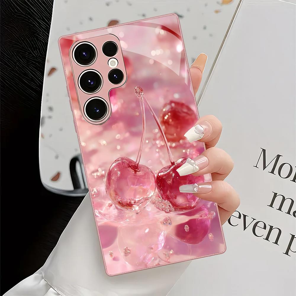 Pink cherry patterned glass phone case suitable for Samsung Galaxy S26 S25 S24 S23 S22 S20 FE/Ultra/Plus shockproof back cover