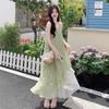 Green Mori Floral Suspender Dress Women's Summer New French Seaside Vacation Chiffon Irregular Long Dress