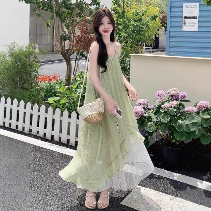 Green Mori Floral Suspender Dress Women's Summer New French Seaside Vacation Chiffon Irregular Long Dress