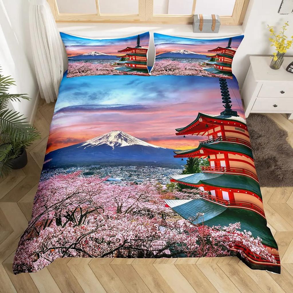 Japanese Fuji Mountain Duvet Cover Set Crane Bedding Set Watercolor Nature Tree Branches Comforter Cover Traditional Quilt Cover