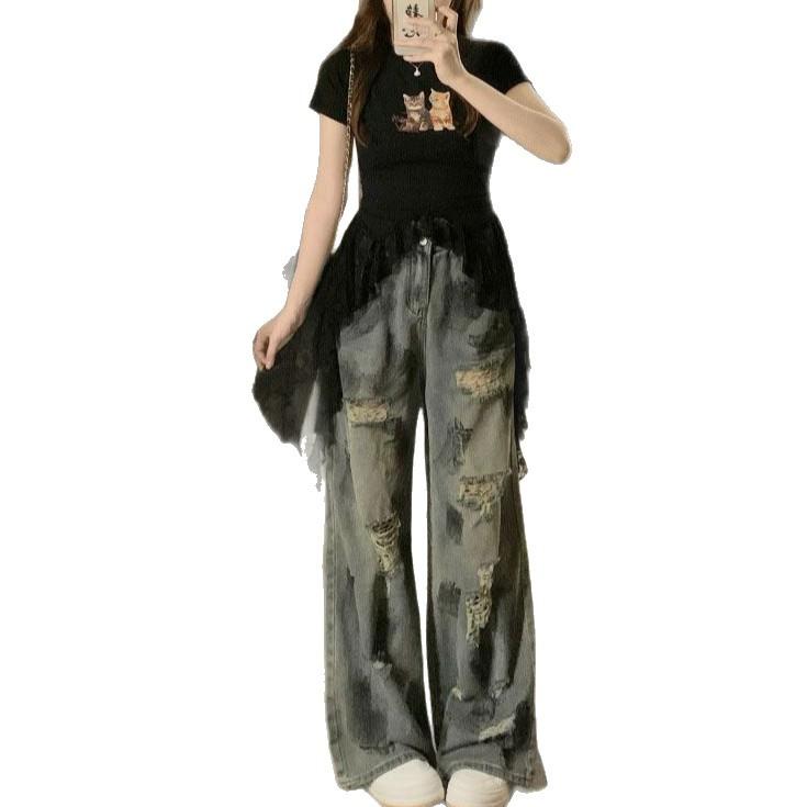 Modisch Bequem Vielseitig Zerrissene Jeans Damen Hohe Taille Große Größe Gerade Locker Schlank Weitbeinige Hosen Jeans für Damen Lange Jeanshosen