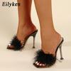 Fashion Eilyken New PVC Shoes Slippers Woman Feather Transparent High Heels Fur Pumps Square Toe Mules Lady Slides