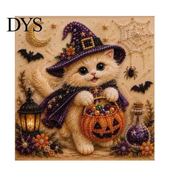 Halloween Party Supplies Cat Faux Pearl Painting Art Kit, Spooky 3D Beads Crafting Kits for Beginners Crafts, Cute Witch Gem Wall Adults, Craft Lovers