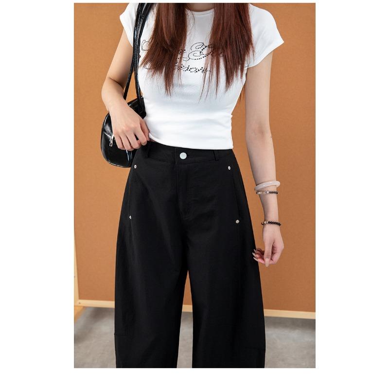 Women Curved Leg Pants High Waist Loose Wide Leg Cargo Pants Rivet Solid Color