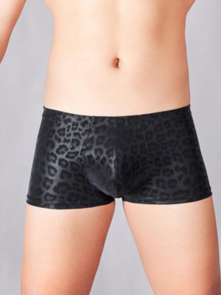 Sexy Men Pu Boxer Panties Fashion Faux Leather Lingerie Low Waisted Underwear Man Clothing Leopard Underpants Allure Panties