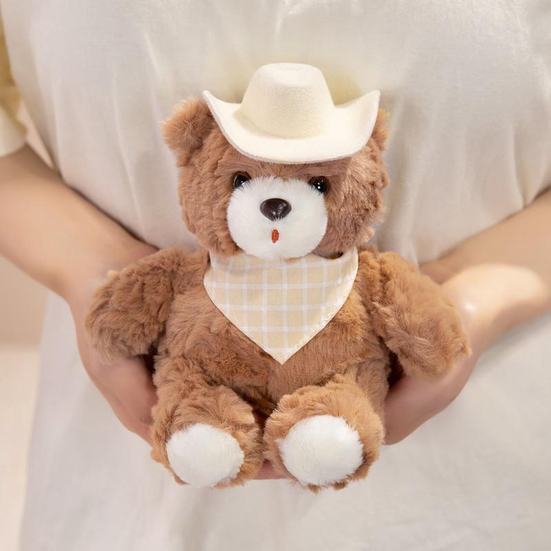 Stuffed Bear Plush Toy 3 Styles Brown Bear Cowboy Hat Red Bow Blue Hat Soft Plush Desk Ornament Home Office Room Decor Gift