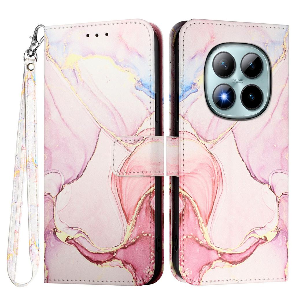 Etui na Xiaomi Redmi Note 15 Pro+ 5G ze smyczą, skórzany pokrowiec na telefon z wzorem marmuru, uchwyt na karty