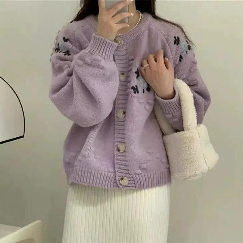 Autumn Sweet Cardigan Fashion Casual Long Sleeve O-neck Jacket Embroidery Striped Sweater Coat Winter Knitted Loose Tops 29492