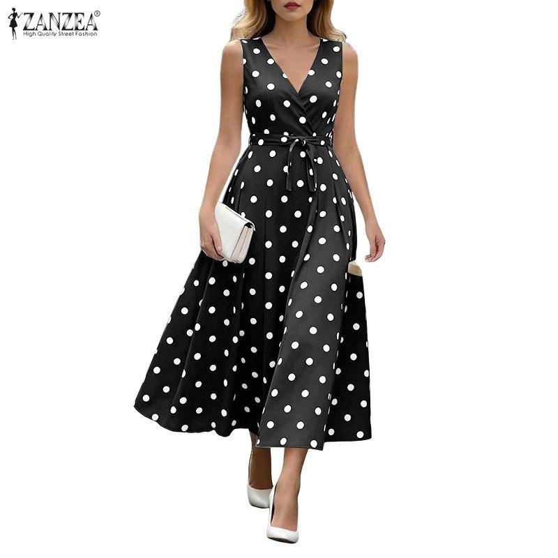 ZANZEA Damen Elegantes V-Ausschnitt Lässiges Ärmelloses Polka-Dot-Print-Kleid