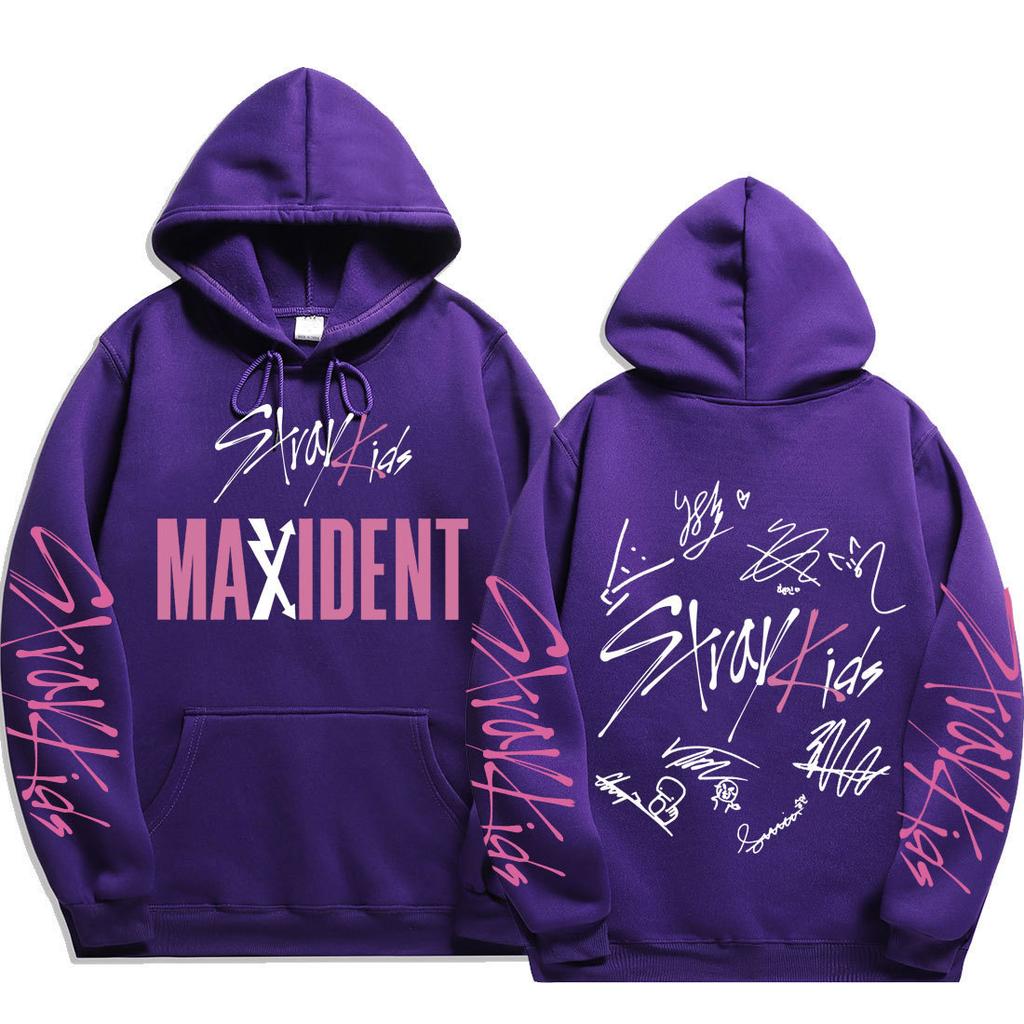 Sweat à capuche signature Stray Kids MAXIDENT Imprimés scriptés Stray Kids et au dos Stray Kids avec les signatures des 8 membres, Pullovers surdimensionnés pour fans de K-Pop