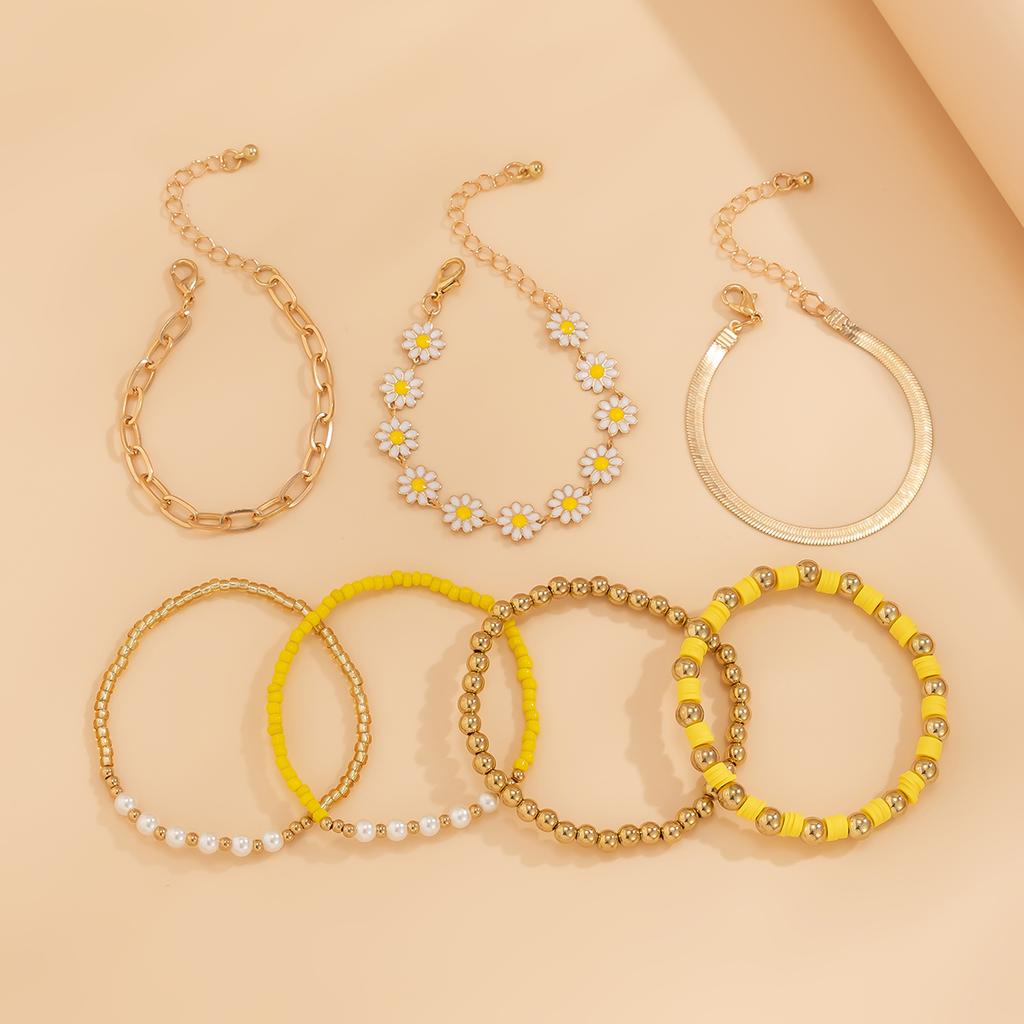 7Pcs/Set Kpop Sunflower Flat Snake Chain Bracelets for Women Trendy CCB Beads Charm Bangles Couple Friends Jewelry Accessories