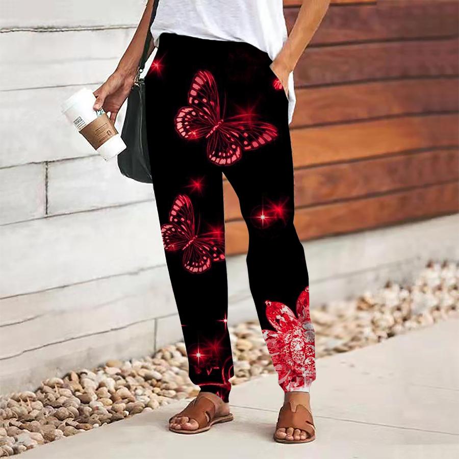 Women Butterfly Printing Pants Lace Up Elastic Waist Loose  Trousers Casual Long Pants Trousers with Pockets