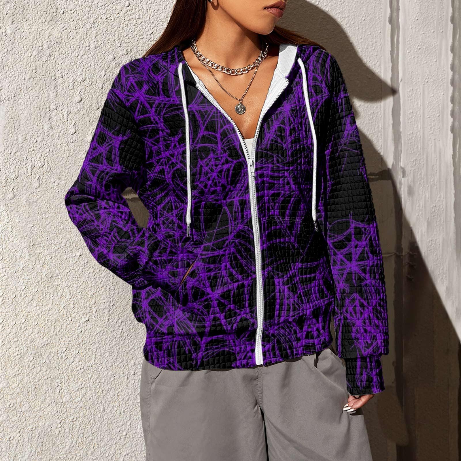 

Женская мода леопардовый принт длинный рукав пальто карман свободная молния с капюшоном толстовка куртка M темно-фиолетового