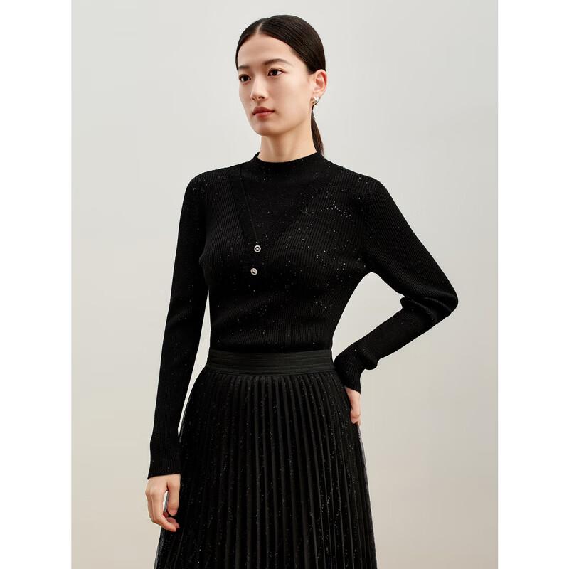 JUZUI Women's Faux Two-Piece Wool Sequin Knitted Sweater JWDD31036