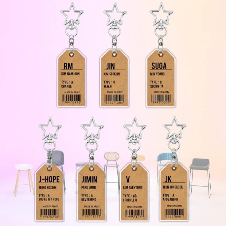 

7pcs BTS Member Profile Luggage Tag Keychain, Acrylic Star Clasp Charm with Birthdate & Nickname, Kpop Fans Collectible Bag Pendant 7pcs