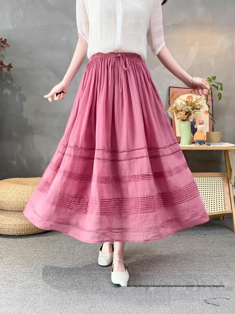 2026 Spring/Summer Women's Romantic Pleated Ramie Skirt with Elastic Waist - Artistic Retro Style