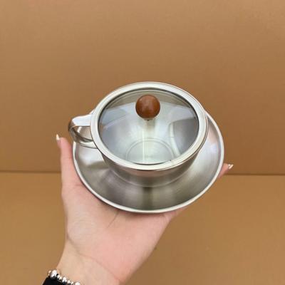 Set Tazza e Sottotazza da Caffè Yousheng in Acciaio Inossidabile 300ml Tazza da Caffè a Doppia Parete con Manici e Coperchio Tazza da Latte Americana Tazza da Tè Pomeridiano