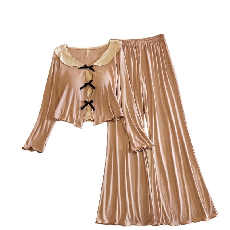 Women's Long Sleeve Pajama Set with Chest Pads - Bowknot Design, Korean Style, Suitable for Spring To Winter.