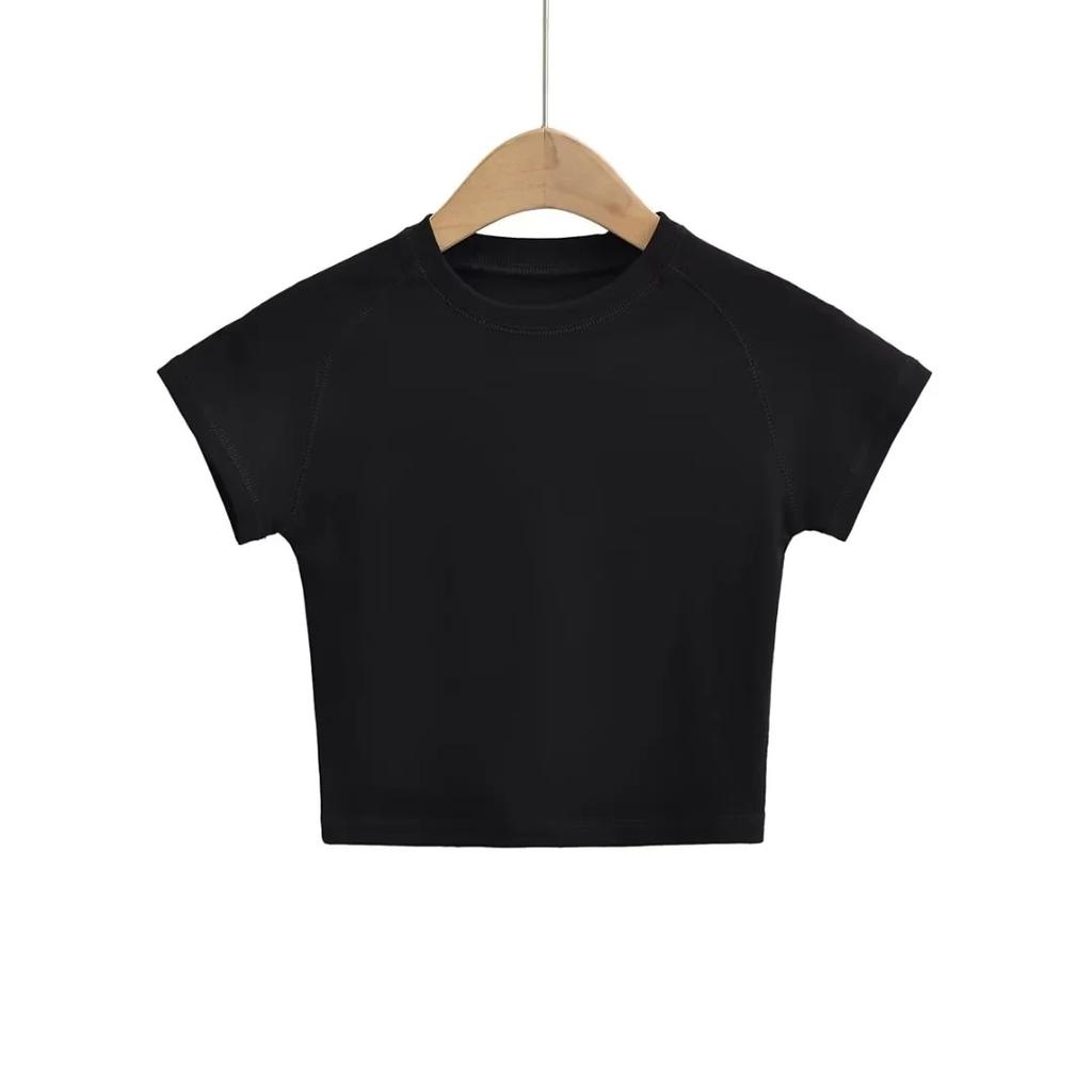 Small Round Neck Exposed Navel Tight Short Sleeved European And American Style Women'S Clothing New Solid Color T-Shirt Spicy Girl Tight Top